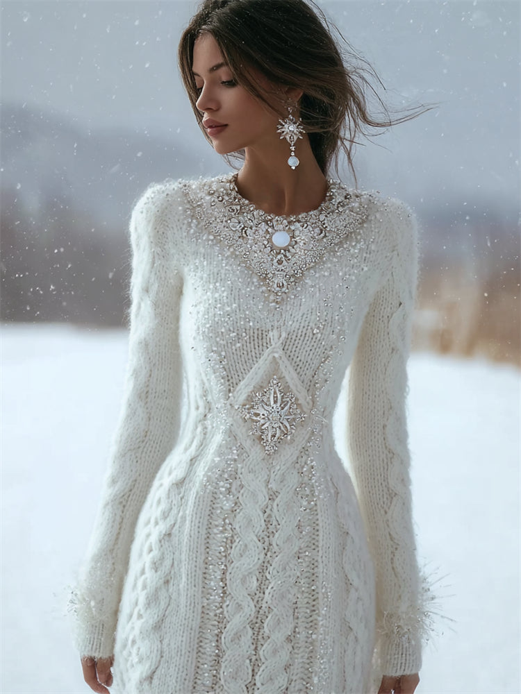 Comstylish Classy Snowflakes Opals Glitter Beaded Cable Knit Maxi Sweater Dress
