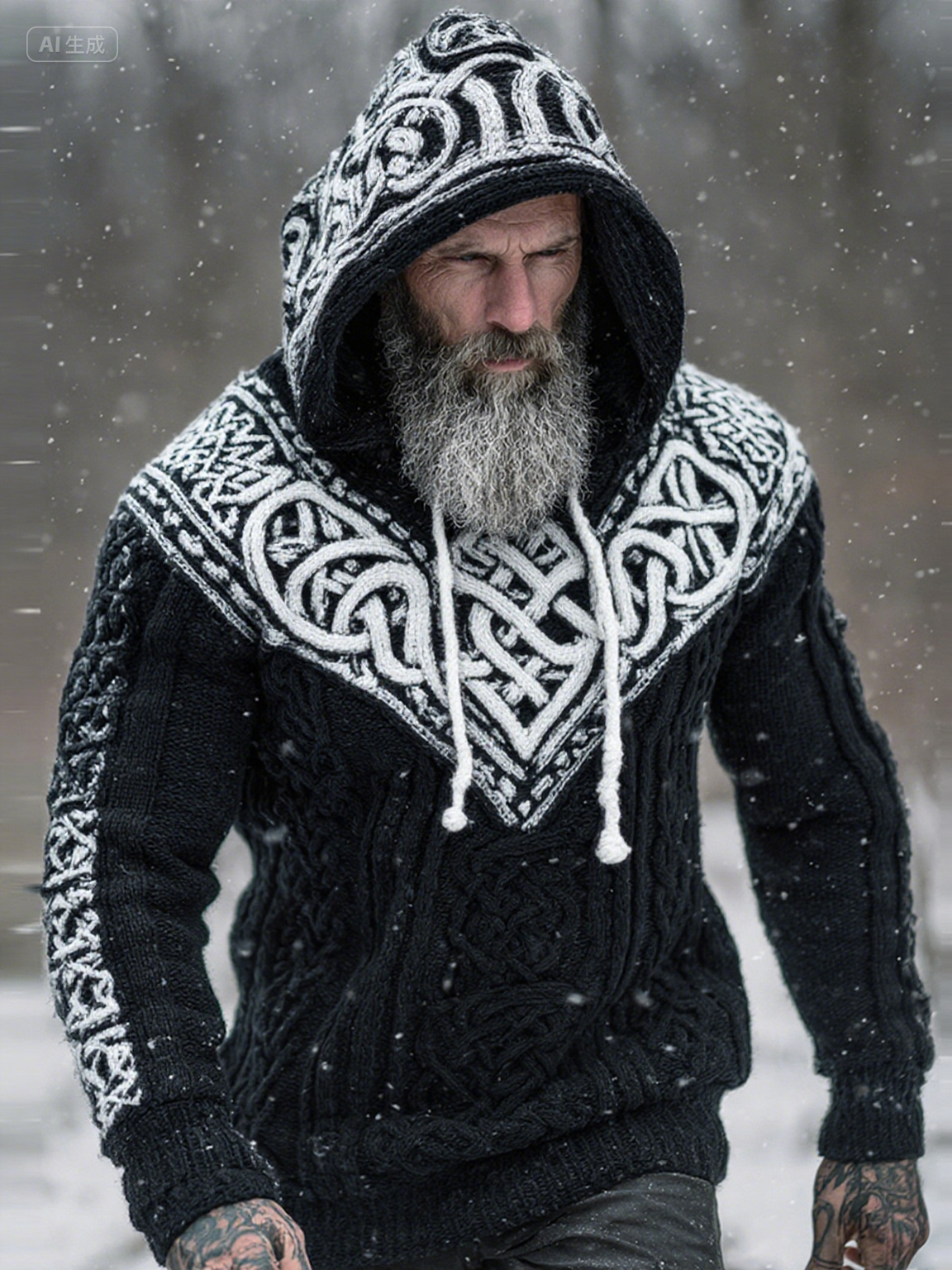 Men's Viking Tribal Jacquard Celtic Knotwork Inspired Chunky Knit Hooded Sweater elevenforest