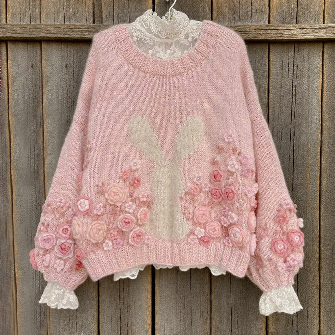 Women's Boho Bunny And Rose Embroidery Knit Crew Neck Sweater artswardrobe