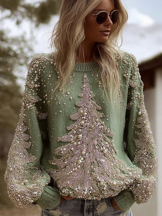 Women's Pearl Christmas Tree Embroidered Old Round Neck Sweater artswardrobe
