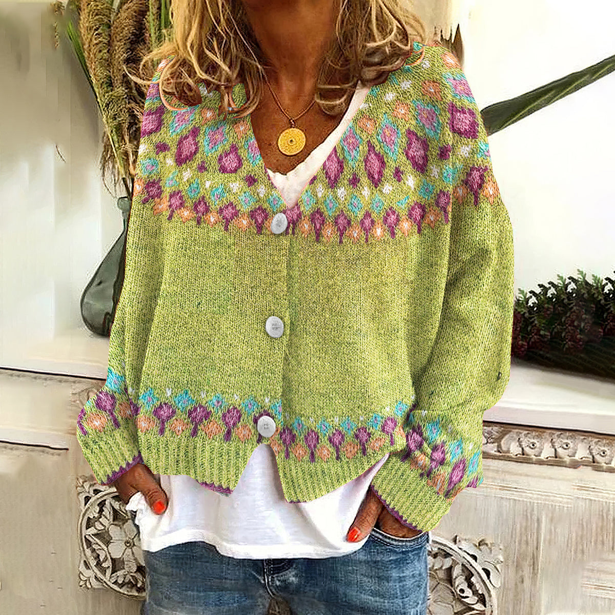 Fairman Island Geometric Contrast Button Cardigan elevenforest