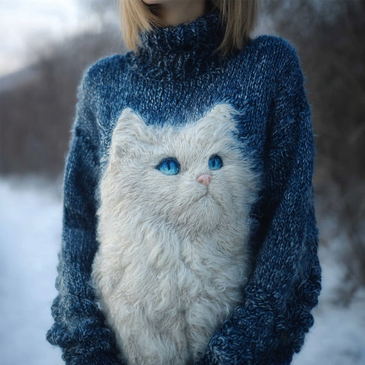 Pretty White Cat Embroidered Cozy Turtleneck Sweater elevenforest