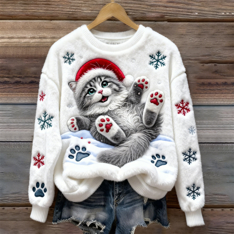 Cotton Sweater with Santa Cat and Snowflake Accents