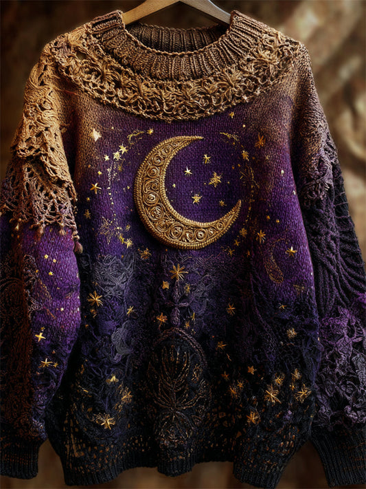 Mystical Celestial Glitter Moon & Stars Cozy Knit Sweater elevenforest