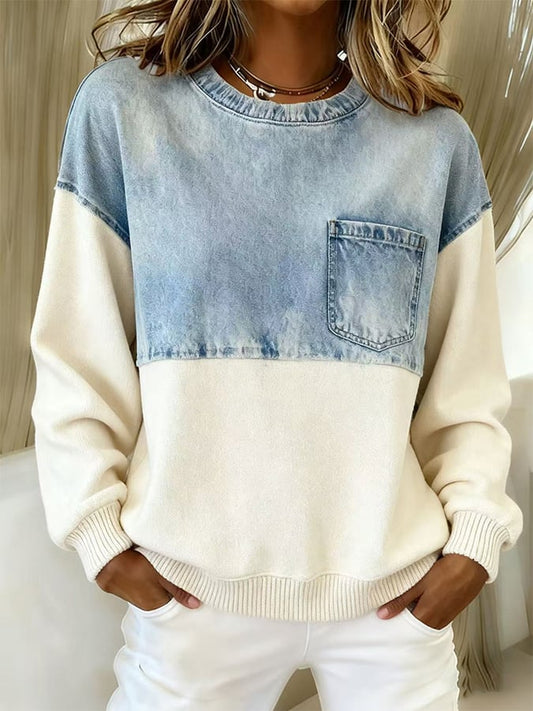 Women'S Casual Round Neck Contrast Color Stitching Pullover Sweatshirt 