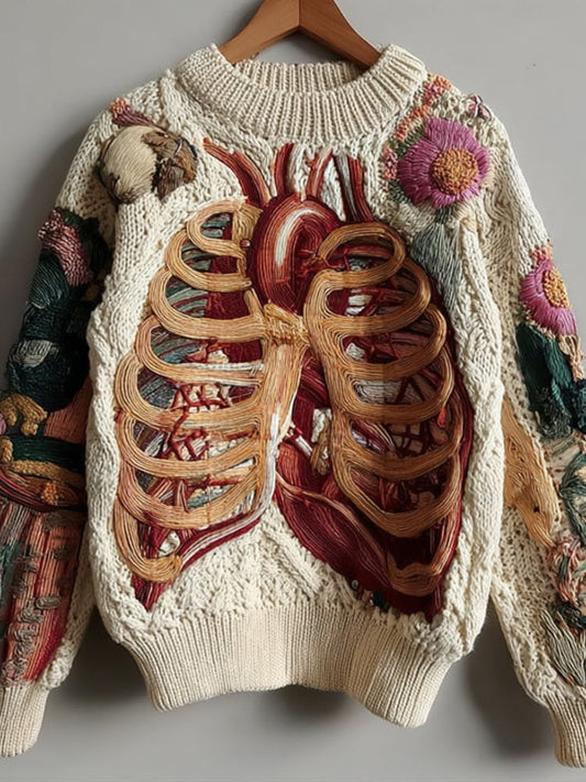 Vintage Halloween Human Anatomy Art And Floral Beige Round Neck Sweater artswardrobe