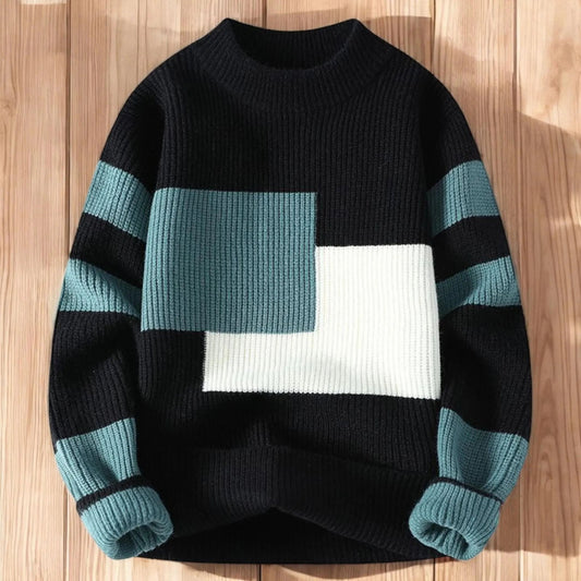 Vegan Men Mock Minimalist Knit Pullover Sustainable Patchwork Warmth Knitted Jacquard Unisex Sweater artswardrobe