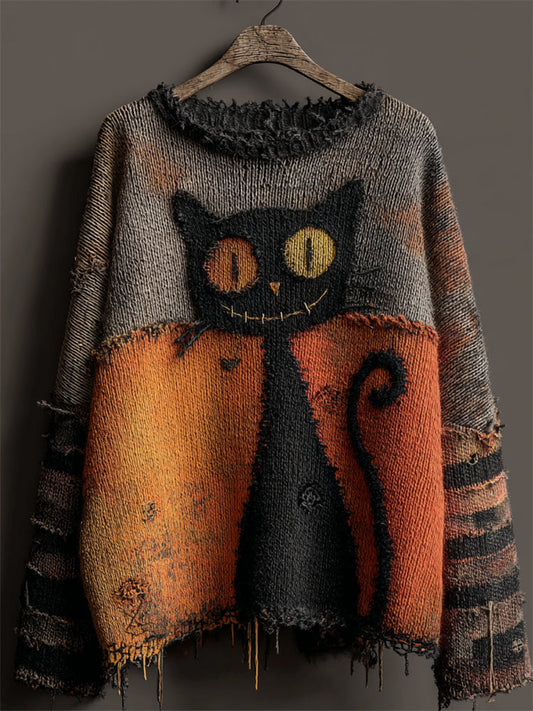 Halloween Black Contrast Stitched Cozy Knit Sweater