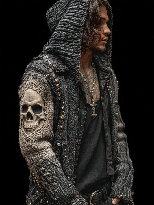 Men's 3d Skull Bleached Rock Studded Knit Hooded Cardigan elevenforest