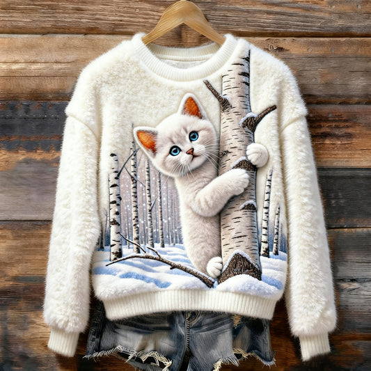 Christmas Cat Art Women's Cozy Plush Sweater