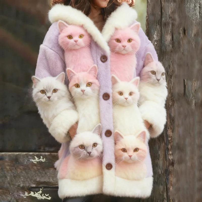 Wool Cardigan with Multiple Cat Breeds Print