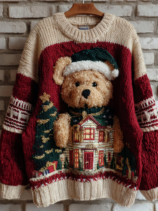 Comstylish Christmas House And Teddy Bear Embroidered Round Neck Sweater