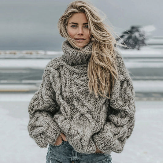 Women's Vintage Island Knit Aran Cozy High Neck Sweater elevenforest