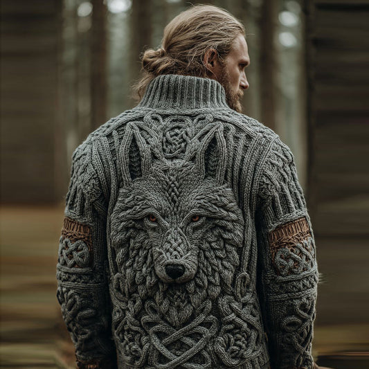Men's Vintage Viking Wolf Pattern Cozy Knit Turtleneck Pullover Sweater artswardrobe