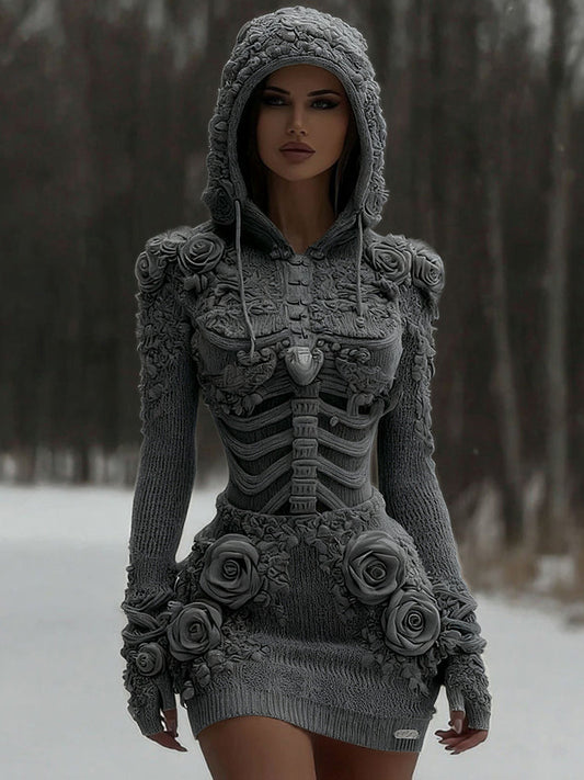 Women's Vintage White Rose And Skull Patchwork Knit Hooded Sweater artswardrobe
