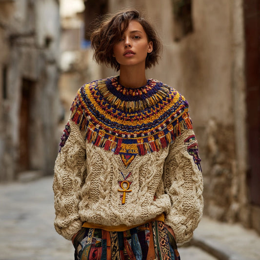 Women's Ancient Egyptian Ankh Geometric Knitted Jacquard Sweater elevenforest