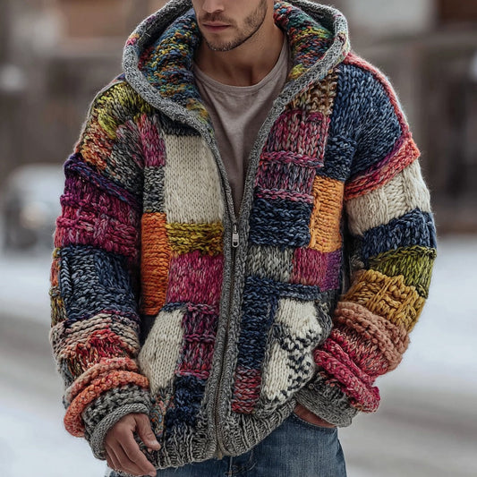 Men's Geometric Color Block Chunky Knit Jacquard Zip Hooded Sweater elevenforest