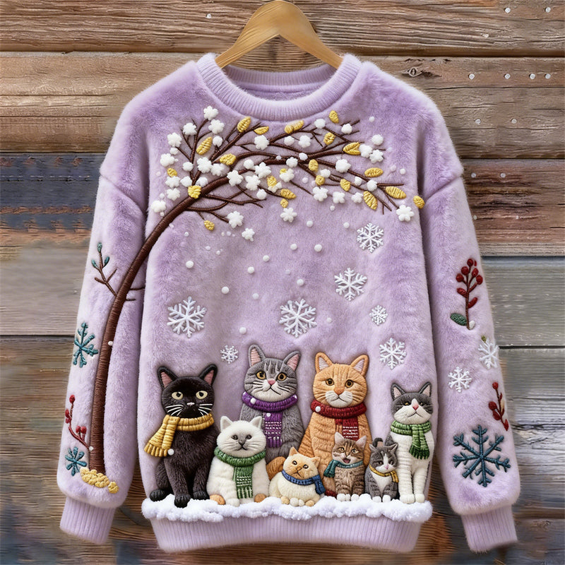 Cotton Sweater with Cats Under Snowy Tree with Scarves