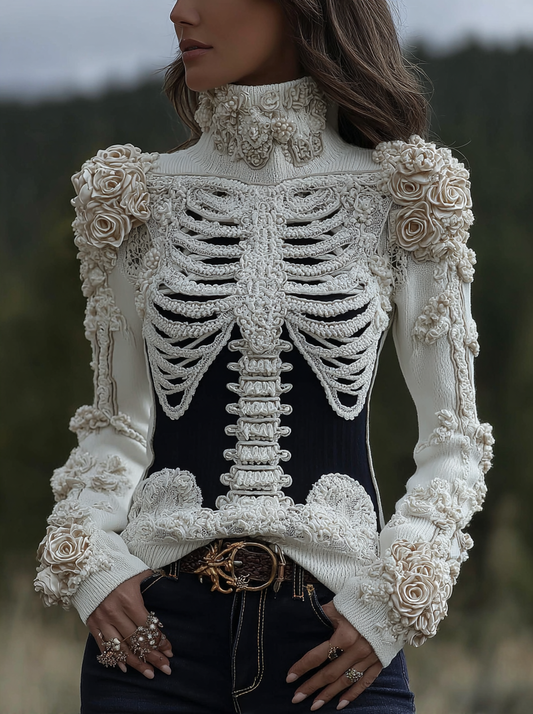 Women's Halloween Skeleton Bones With Roses Art Knitted Warm Turtleneck Sweater artswardrobe