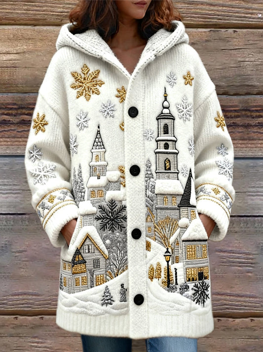 Christmas Snow Scene Embroidered Women's Knit Hooded Cardigan