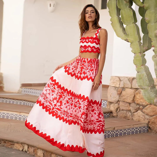 red swimsuit and skirt