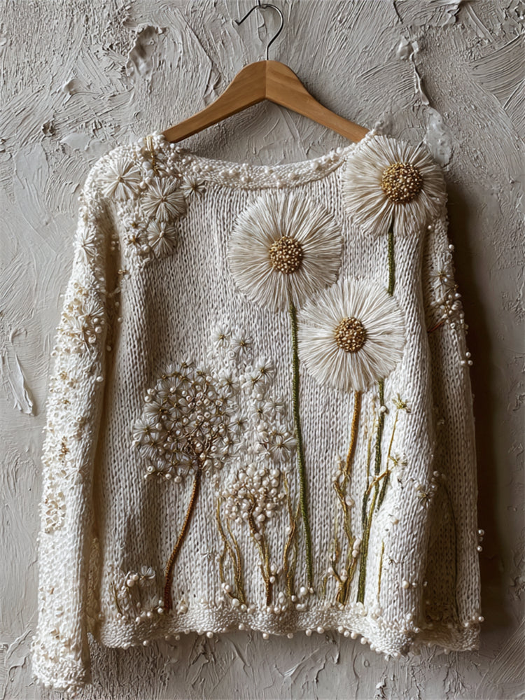 Vintage Forest Dandelion Beaded Embroidered Cozy Knit Sweater