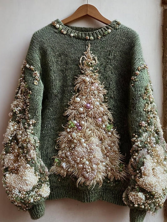 Comstylish Vintage Pearl Christmas Tree Embroidered Green Vintage Round Neck Sweater