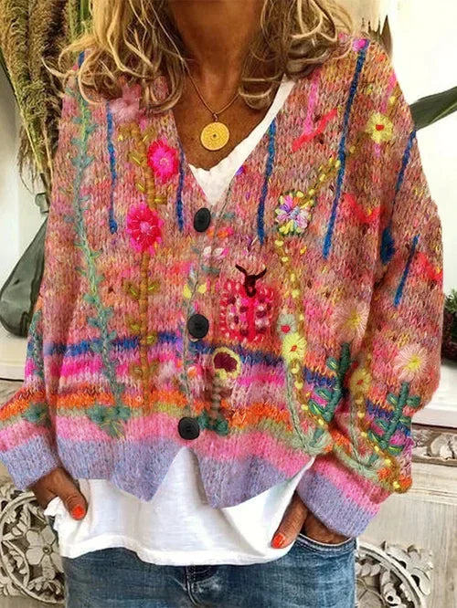 Wool Cardigan with Multi-Colored Floral Button Front