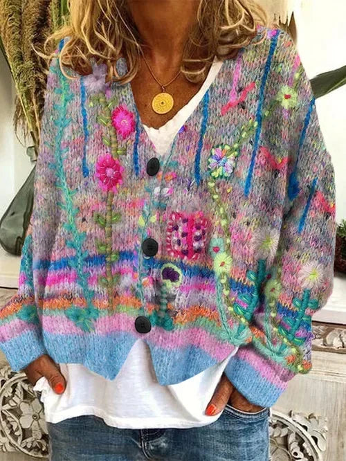 Wool Cardigan with Multi-Colored Floral Button Front