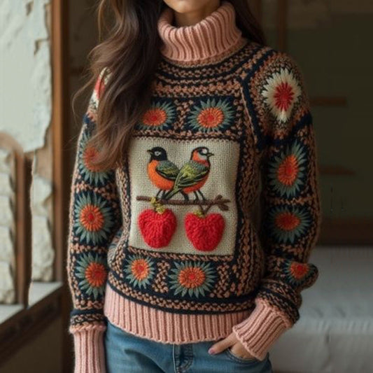 Comstylish Women's Classic Bird And Cherry Colorblock Turtleneck Sweater