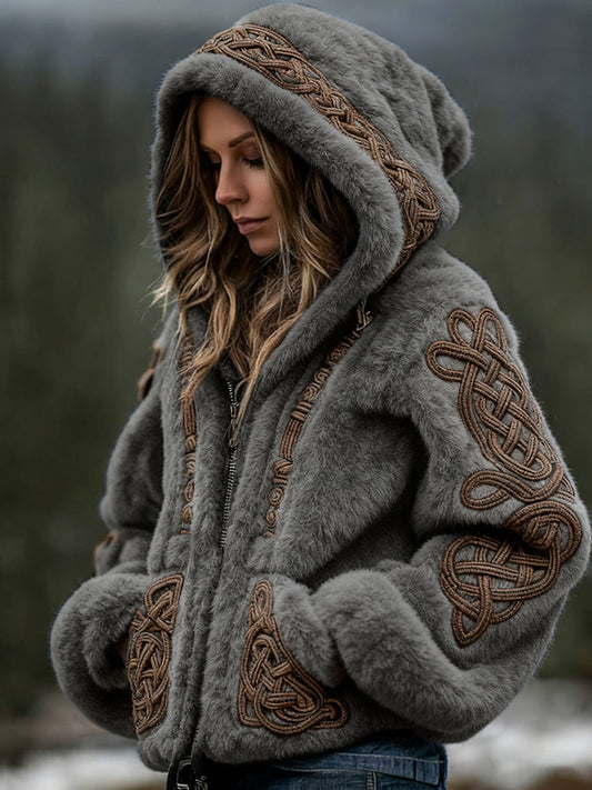 Comstylish Women's Viking Celtic Art Cozy Warm Flannel Hooded Jacket