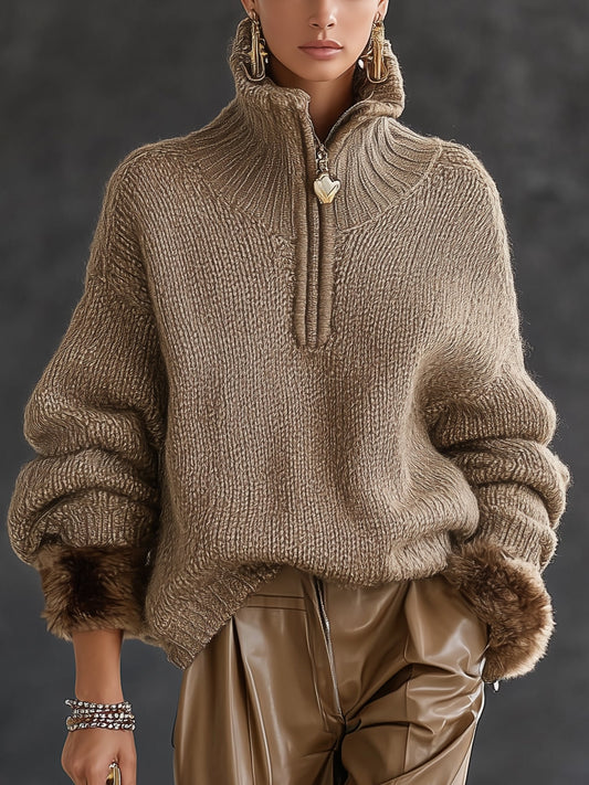 Mocha Half Zip High Collar Knit Pullover Sweater