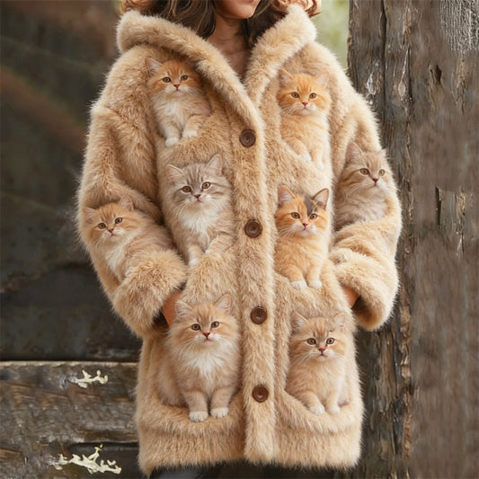 Comstylish Cute Plush Cats Art Women's Hooded Plush Cardigan