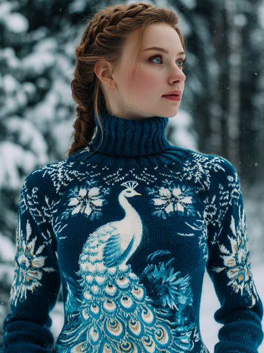 Comstylish Ice And Snow Peacock Pattern Design Women's Winter Warmth Knit High Neck Sweater
